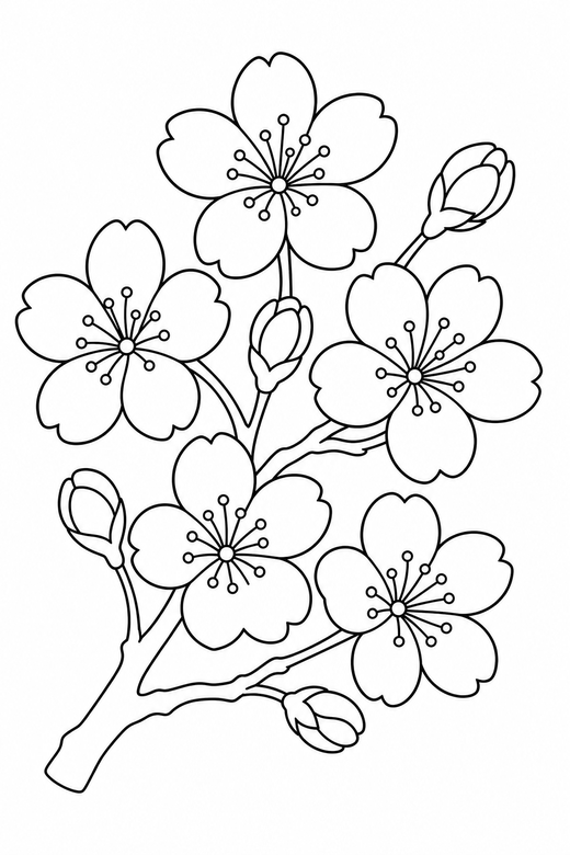Cherry blossom branch: A branch of cherry blossom with several open flowers, free printable coloring page