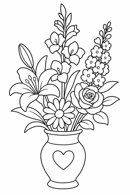Vase of tall flowers: A vase holding an arrangement of tall flowers, free printable coloring page