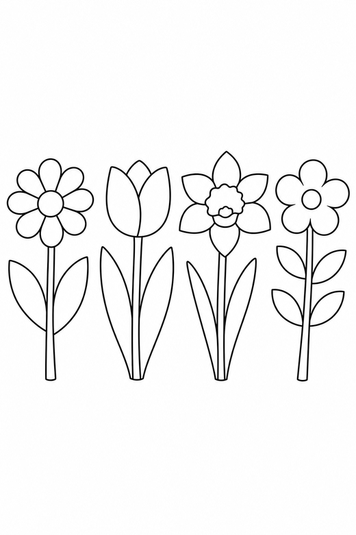 Four flowers in a row: A field of four simple flowers of different types side by side, free printable coloring page