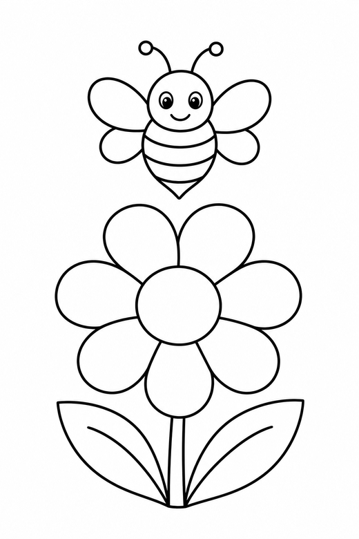 Flower and a bee: A flower with a bee hovering just above it, free printable coloring page