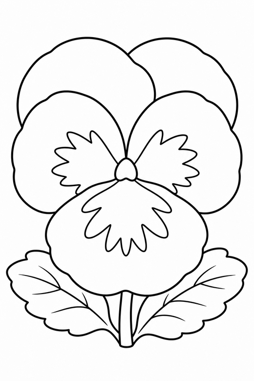 Pansy close-up: A pansy flower close-up with rounded overlapping petals, free printable coloring page