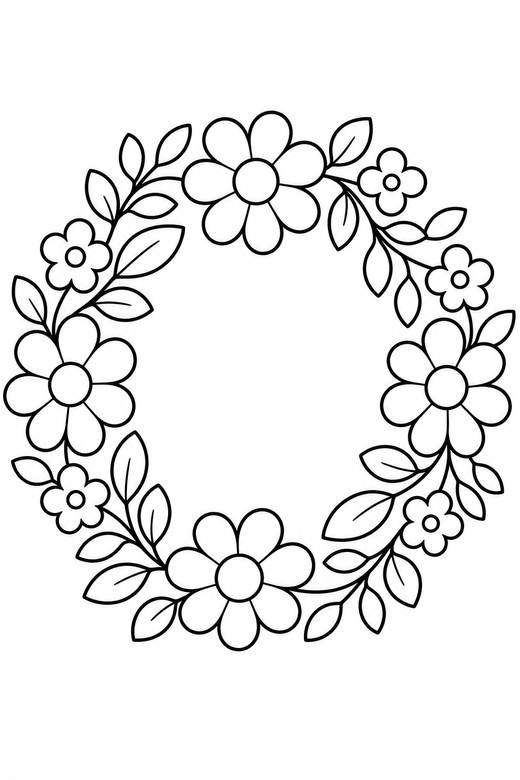 Flower wreath: A wreath ring made of simple flowers and leaves, free printable coloring page