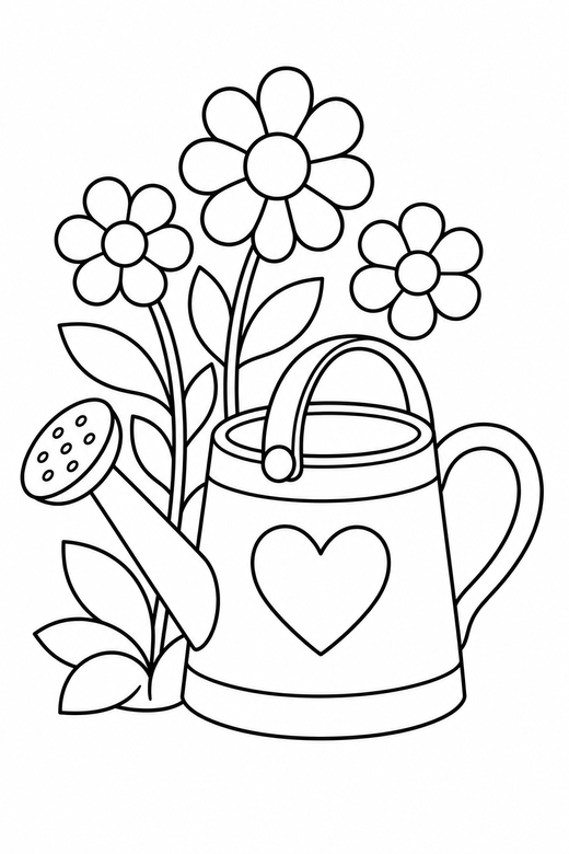 Watering can and flowers: A watering can with flowers growing beside it, free printable coloring page