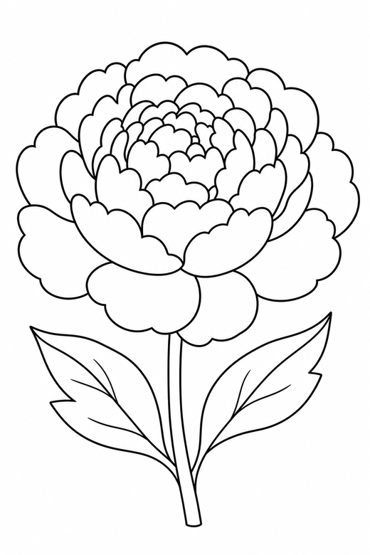Peony in full bloom: A single peony with many rounded layered petals, free printable coloring page