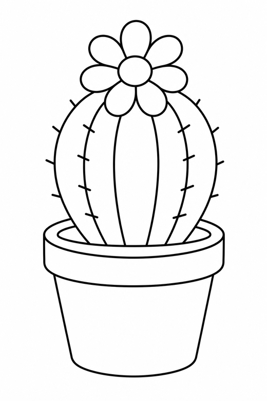 Flowering cactus: A small potted cactus with one flower on top, free printable coloring page
