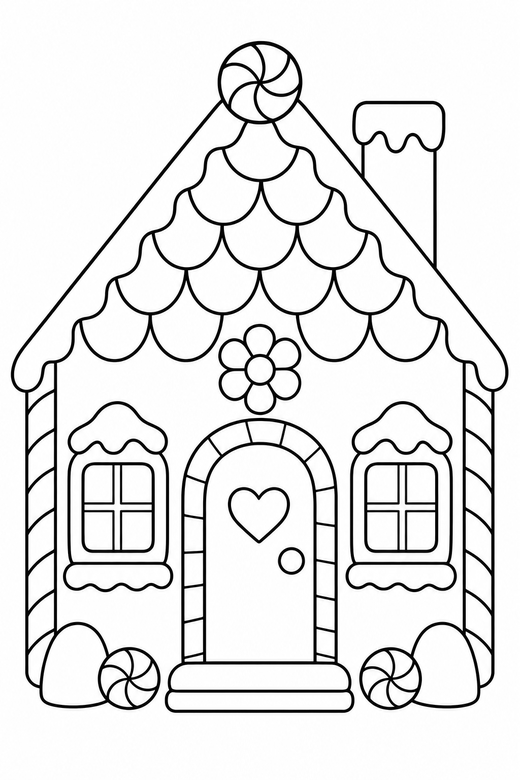 Gingerbread house: A gingerbread house with icing roof tiles, a door and two windows, free printable coloring page