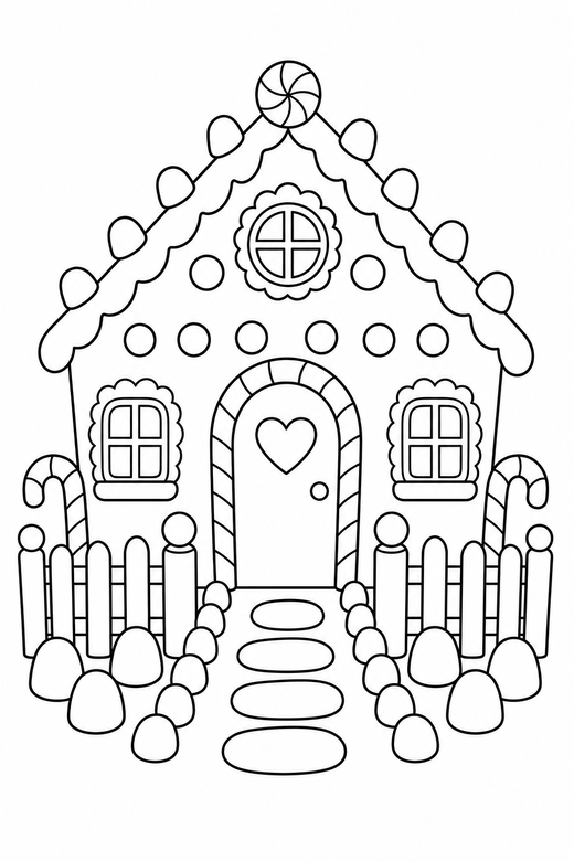 Decorated gingerbread house: A gingerbread house with candy canes, gumdrops and a fence, free printable coloring page