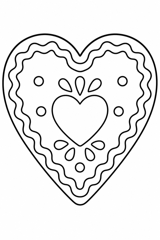 Gingerbread heart: A heart-shaped gingerbread cookie with icing edging, free printable coloring page