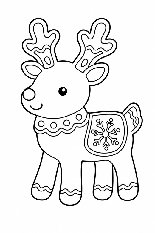 Gingerbread reindeer: A reindeer-shaped gingerbread cookie with icing patterns, free printable coloring page