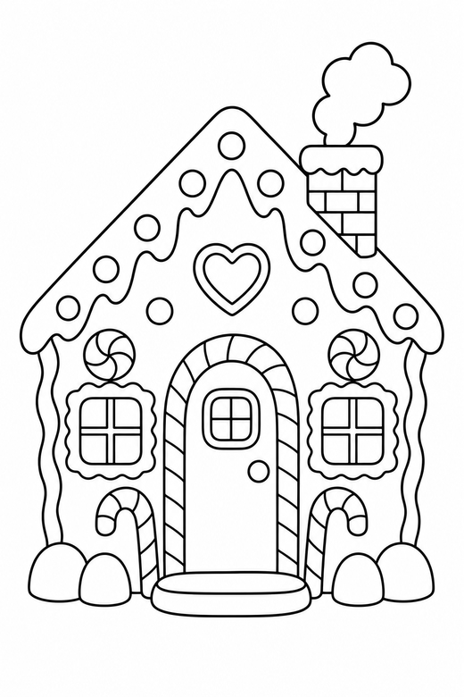 Gingerbread cottage with a chimney: A small gingerbread cottage with a chimney and smoke, free printable coloring page