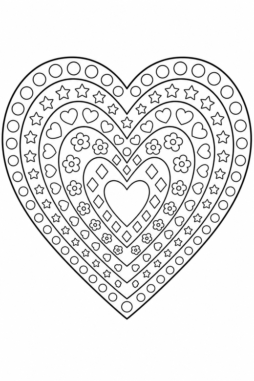 Heart mandala: A heart shape filled with concentric rings of small patterns, free printable coloring page
