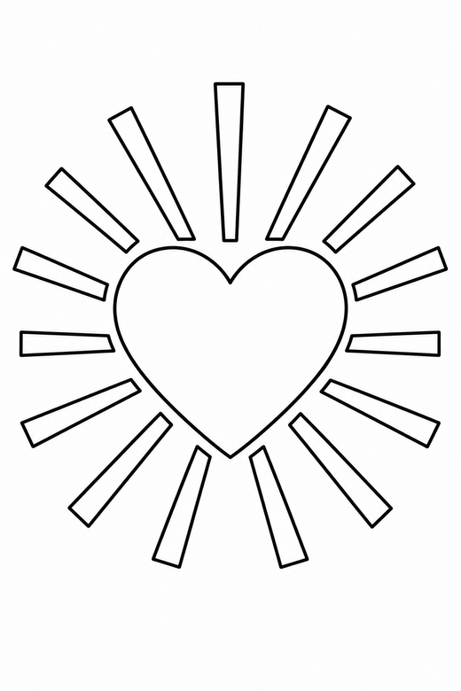 Heart with rays: A heart with straight rays radiating outward like a sun, free printable coloring page
