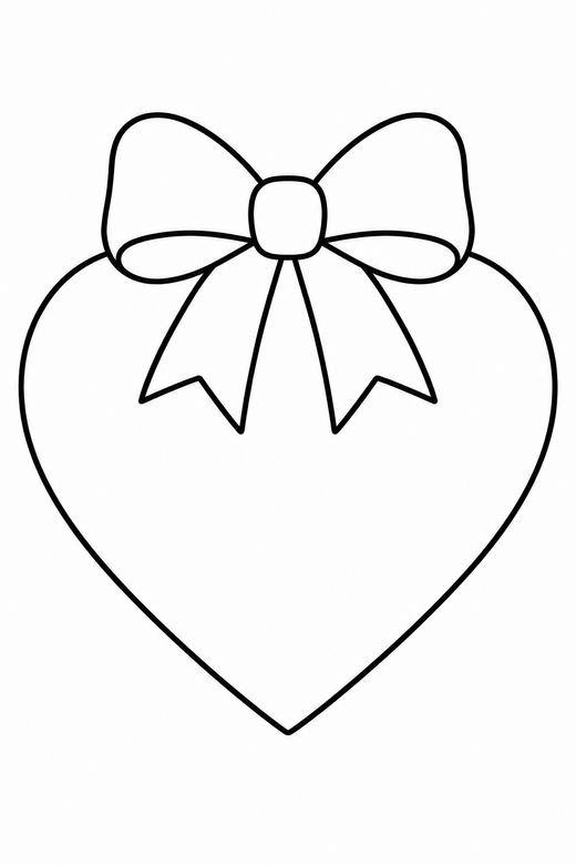 Heart with a bow on top: A heart with a large ribbon bow resting on its dip, free printable coloring page