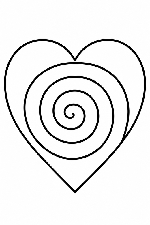 Heart with a spiral centre: A heart with a spiral coiling out from its centre, free printable coloring page