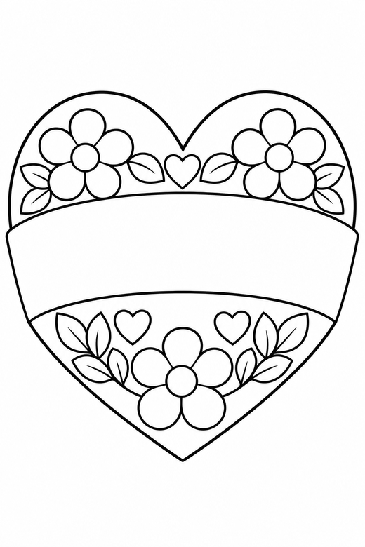 Heart with a blank centre: A heart with a wide blank middle band for writing a name, free printable coloring page