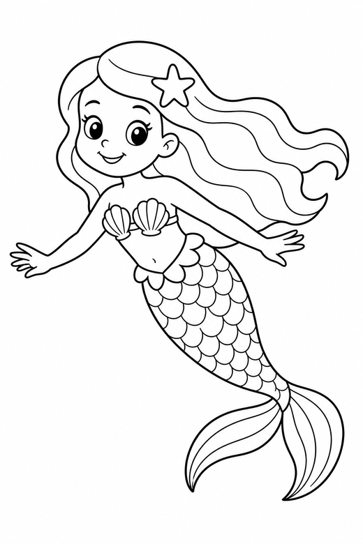Mermaid swimming: A mermaid swimming with her tail trailing behind, free printable coloring page