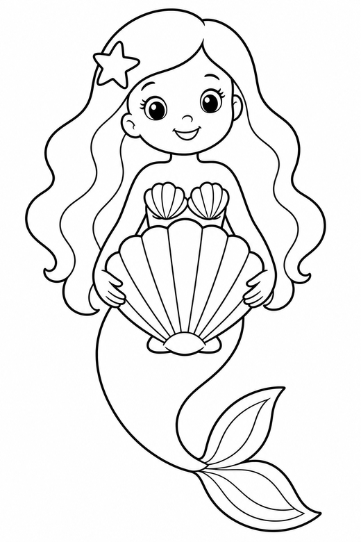 Mermaid with a seashell: A mermaid holding a large scallop shell, free printable coloring page