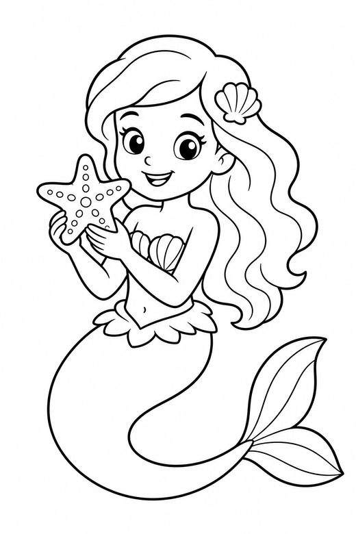 Mermaid with a starfish: A mermaid holding a starfish, tail curled underneath, free printable coloring page