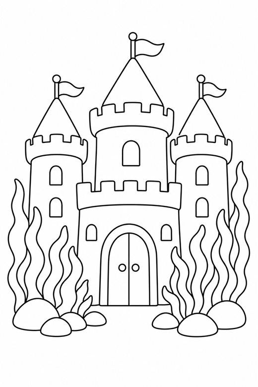 Underwater castle: A castle with rounded towers surrounded by seaweed, free printable coloring page