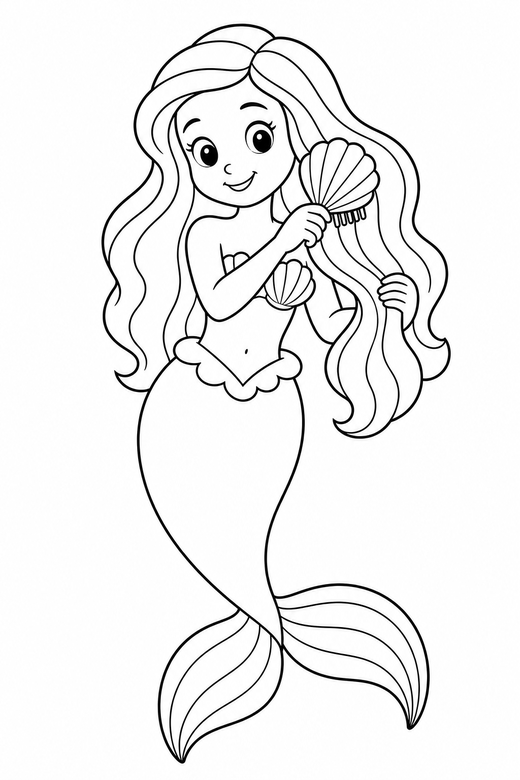 Mermaid combing her hair: A mermaid combing her long hair with a shell comb, free printable coloring page