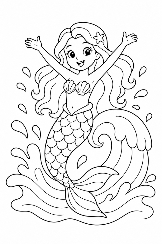 Mermaid on a wave: A mermaid rising from a curling wave, free printable coloring page