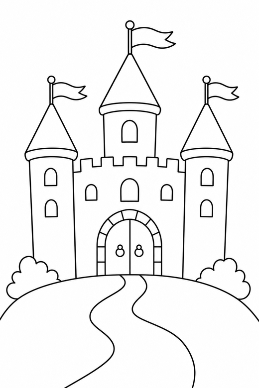 Castle on a hill: A castle with three towers and pennant flags on a hill, free printable coloring page