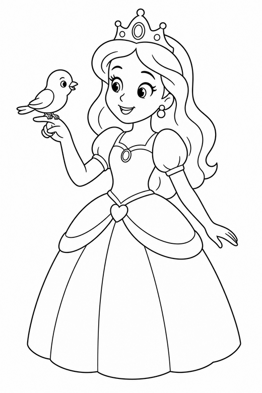 Princess and a small bird: A princess with a small bird perched on her outstretched finger, free printable coloring page
