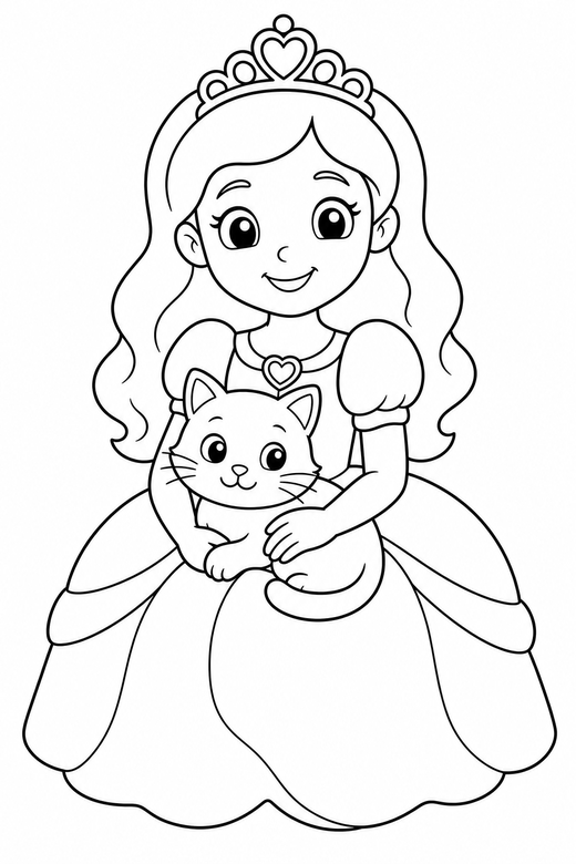 Princess with a cat: A princess sitting with a cat in her lap, free printable coloring page