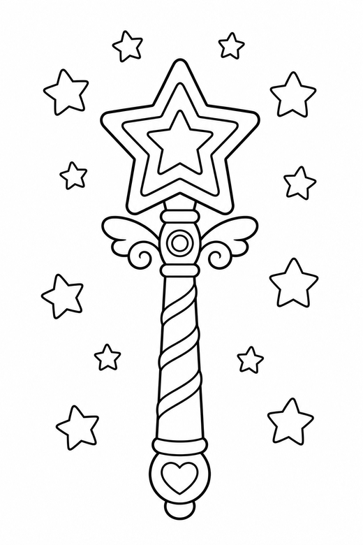 Magic wand and stars: An ornate wand with a star tip and scattered stars, free printable coloring page