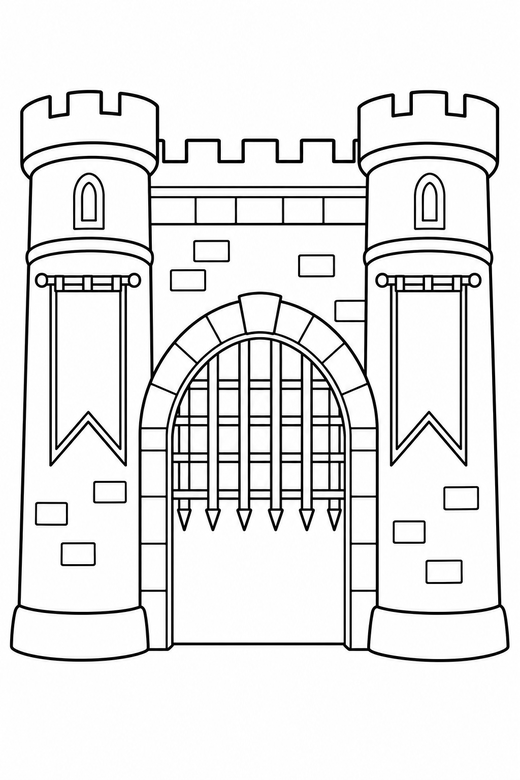 Castle gate: A castle gate with a portcullis and two banners, free printable coloring page