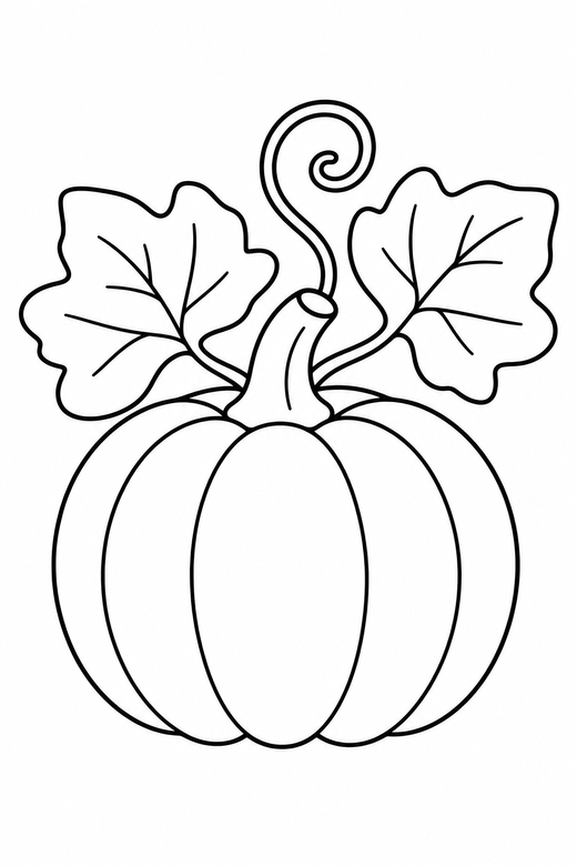 Pumpkin with a vine: A pumpkin with a curling vine and two broad leaves, free printable coloring page