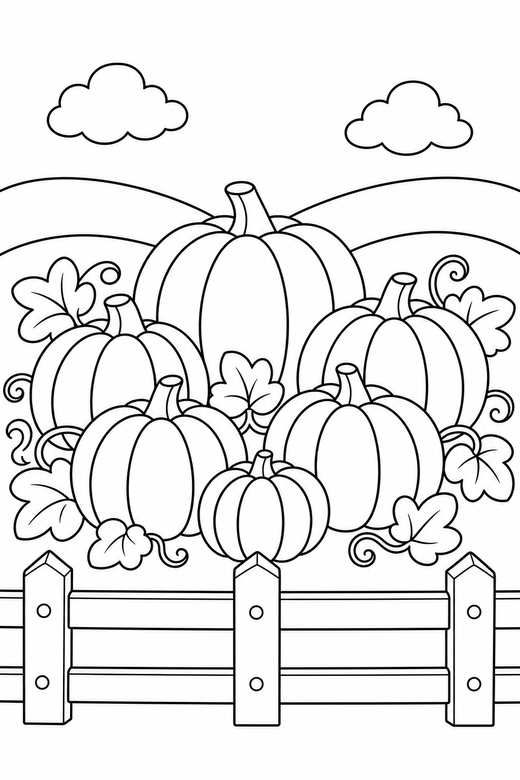 Pumpkin patch with a fence: Several pumpkins in a field behind a low wooden fence, free printable coloring page