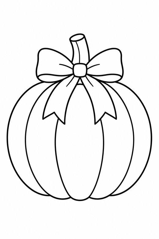 Pumpkin with a bow: A pumpkin with a ribbon bow tied around its stalk, free printable coloring page