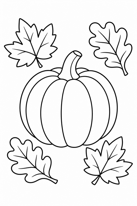 Pumpkin and autumn leaves: A pumpkin surrounded by four fallen leaves, free printable coloring page