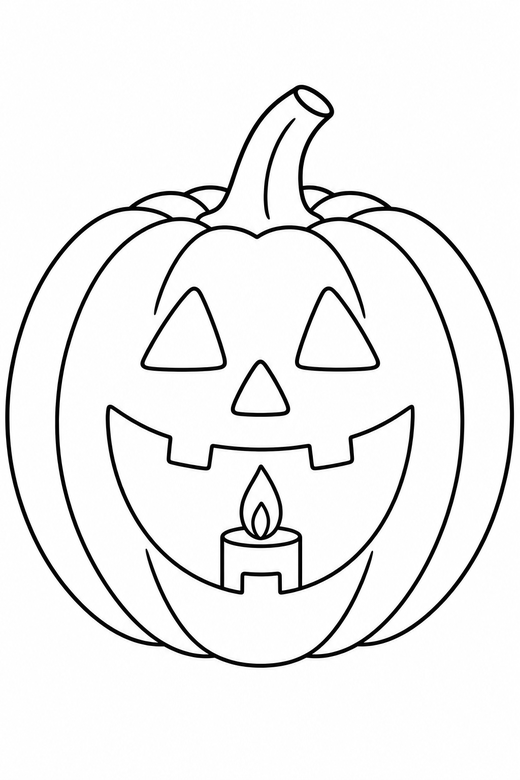 Carved pumpkin with a candle: A carved pumpkin with a candle flame showing inside, free printable coloring page
