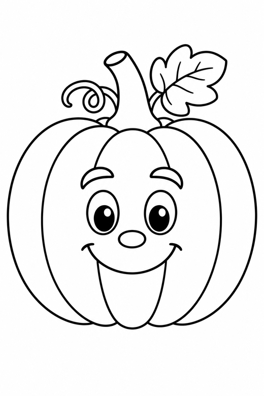 Pumpkin with a face drawn on: A pumpkin with a friendly drawn face rather than carved, free printable coloring page
