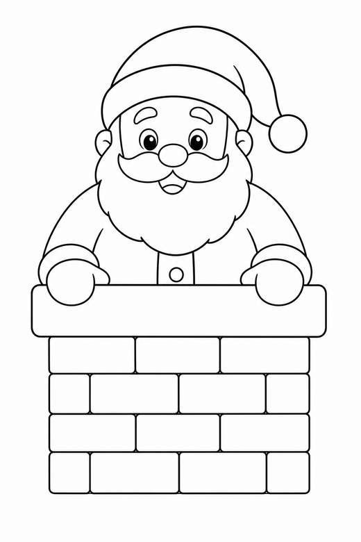 Santa in the chimney: Santa climbing down a chimney with only his top half showing, free printable coloring page