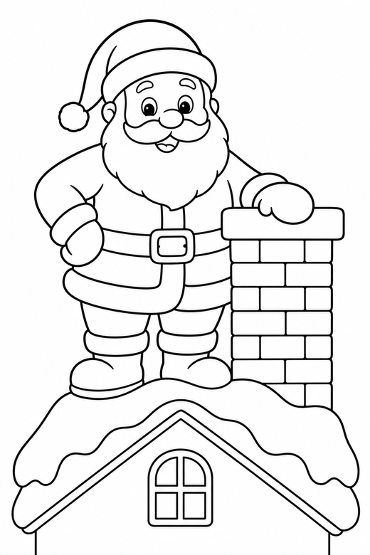 Santa on a rooftop: Santa standing on a snowy rooftop beside a chimney, free printable coloring page