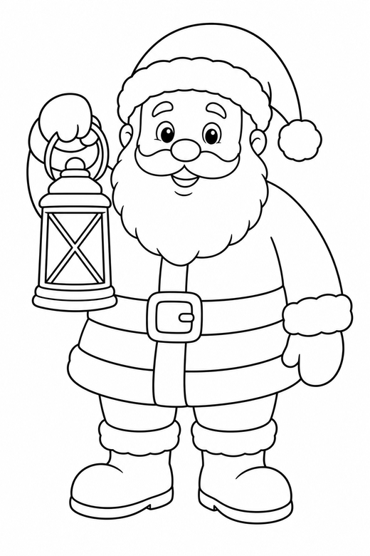 Santa with a lantern: Santa holding a lantern up in front of him, free printable coloring page