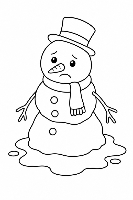 Melting snowman: A snowman slumping slightly with a puddle at its base, free printable coloring page
