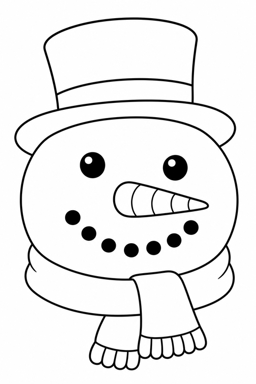 Snowman face close-up: A snowman head close-up with coal eyes and a carrot nose, free printable coloring page