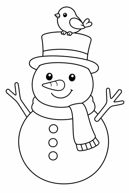 Snowman and a bird: A snowman with a small bird perched on its hat, free printable coloring page