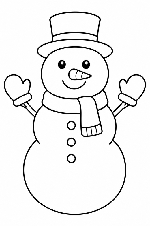 Snowman with mittens: A snowman with mittens on the ends of its stick arms, free printable coloring page