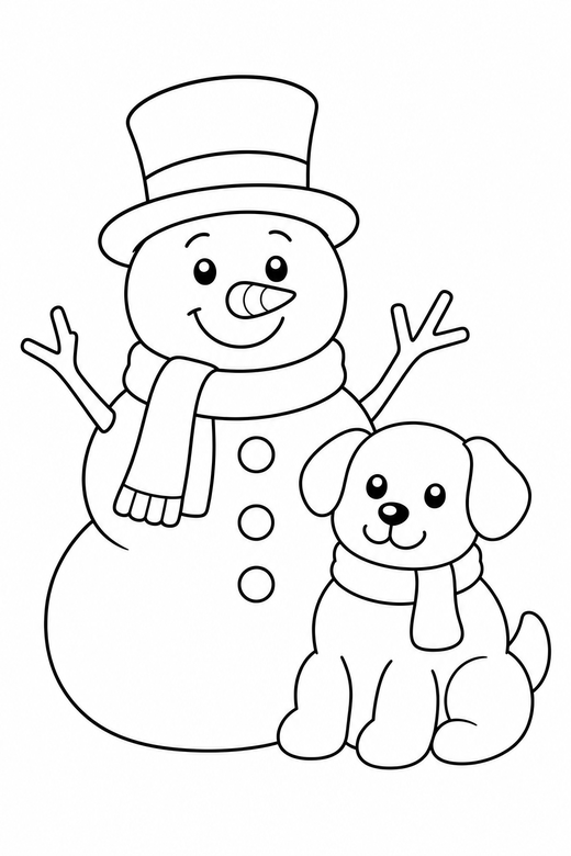 Snowman with a snow dog: A snowman standing beside a small snow dog, free printable coloring page
