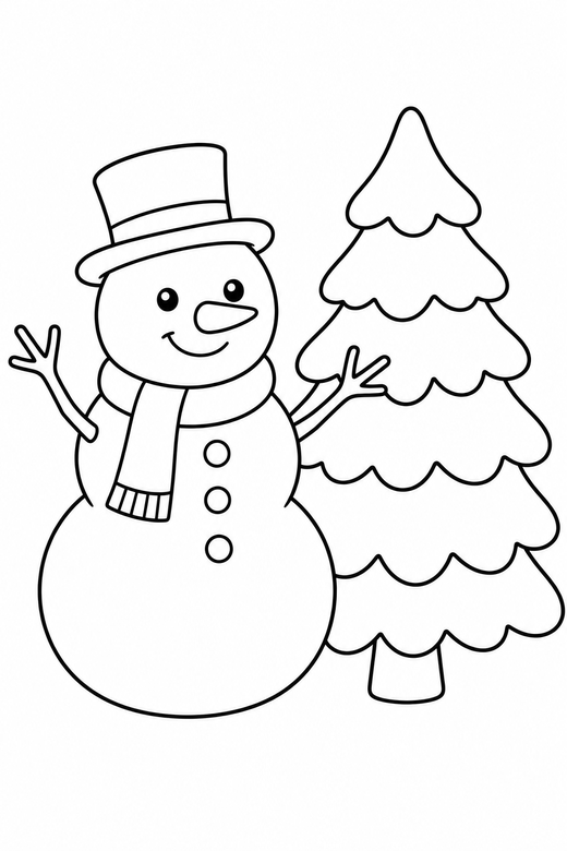Snowman by a tree: A snowman standing next to a snowy fir tree, free printable coloring page