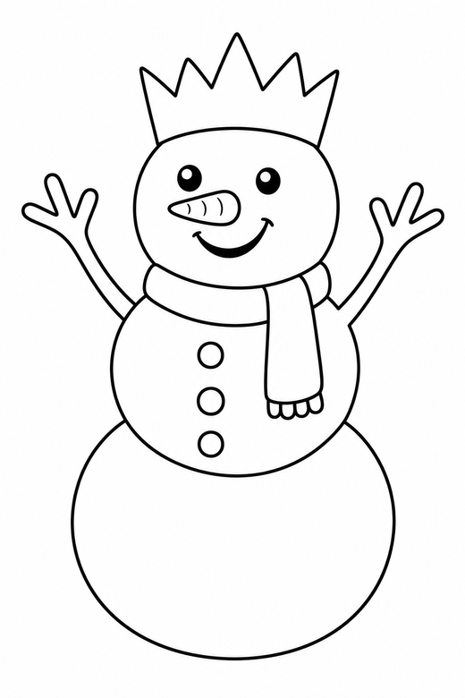 Snowman wearing a crown: A snowman wearing a paper crown, arms raised, free printable coloring page