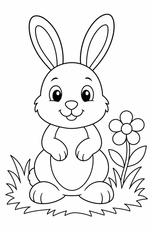 Bunny in the grass: A rabbit sitting upright in grass with a flower nearby, free printable coloring page