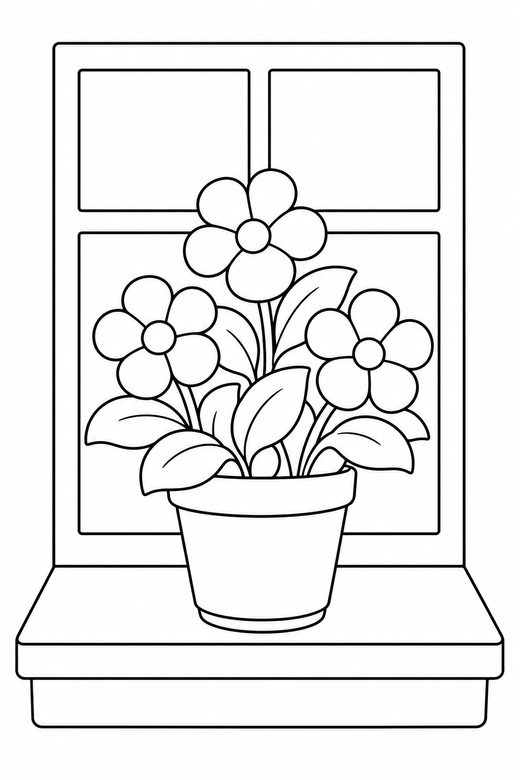 Flower pot on a sill: A potted flowering plant on a windowsill, free printable coloring page