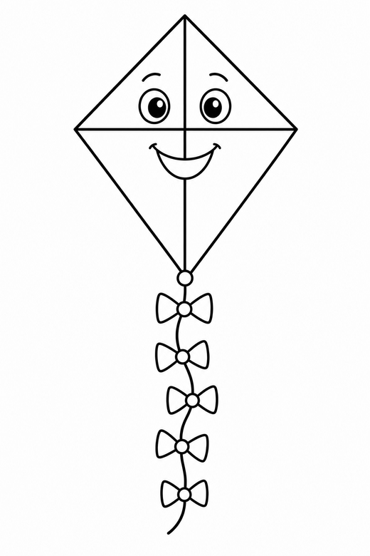Kite in the wind: A diamond kite with a tail of bows flying upward, free printable coloring page