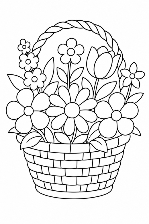 Basket of flowers: A woven basket filled with an assortment of simple flowers, free printable coloring page